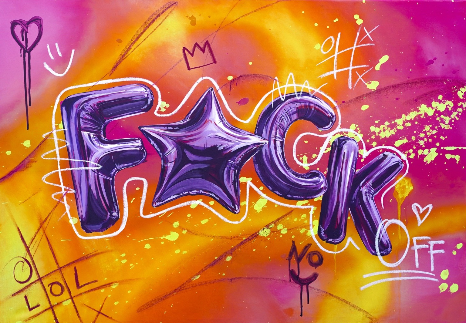 Violette Ballon-Typografie auf einem leuchtenden Mix aus Pink, Orange und Gelb.